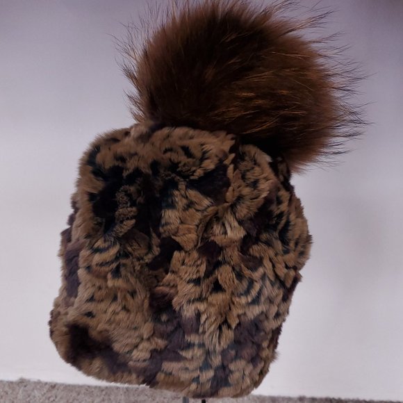 SALE Brown Knitted Rex Rabbit Fur Beanie with Fox Pom - Picture 2 of 2